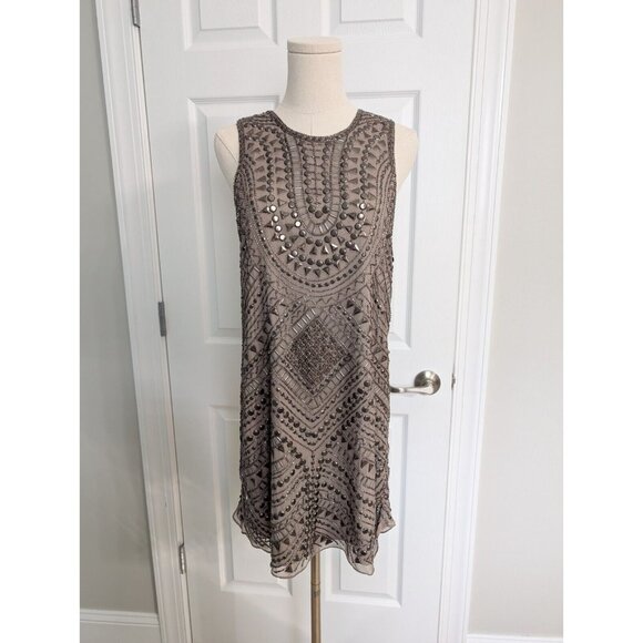 Parker 100% Silk Fully Beaded Allegra Mini Dress Taupe Size M Fairy Goth Grunge - Picture 2 of 16
